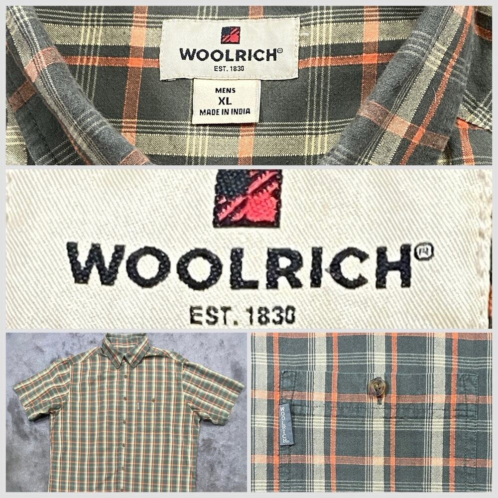 Woolrich Men Size XL Short Sleeve‎ Button Down Cotton Shirt Olive Orange Plaid